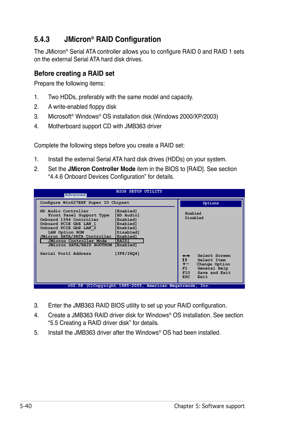 3 jmicron, Raid configuration, Before creating a raid set | The jmicron, Windows, Os had been installed | Asus P5W User Manual | Page 164 / 210