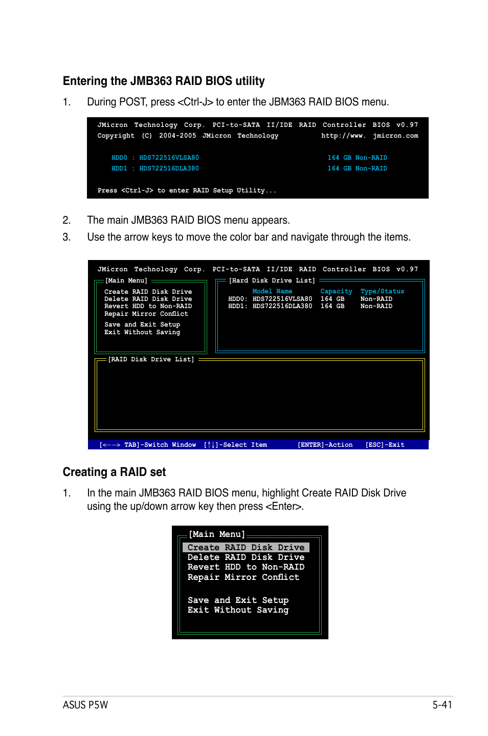 Entering the jmb363 raid bios utility, Creating a raid set | Asus P5W User Manual | Page 165 / 210