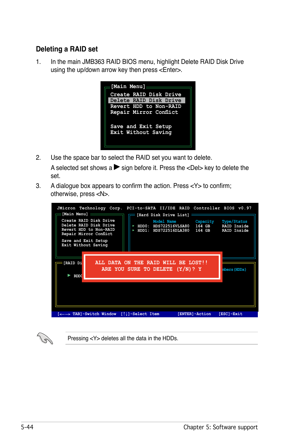 Deleting a raid set | Asus P5W User Manual | Page 168 / 210