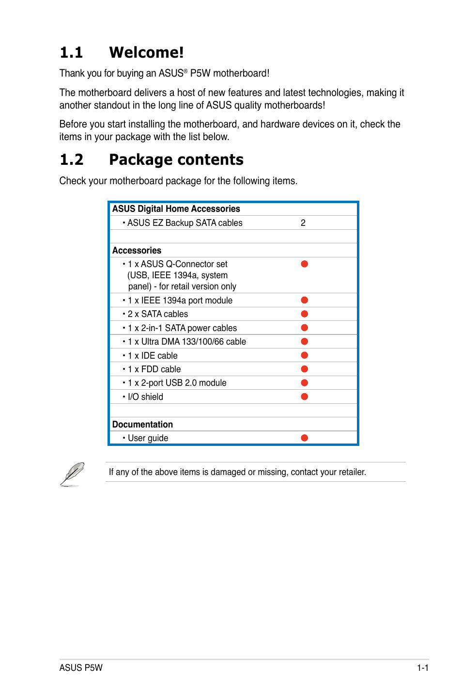 1 welcome, 2 package contents | Asus P5W User Manual | Page 17 / 210