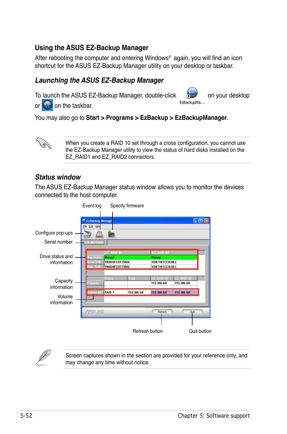 Using the asus ez-backup manager, Launching the asus ez-backup manager, Status window | Asus P5W User Manual | Page 176 / 210