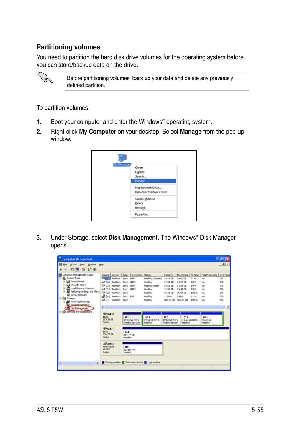 Partitioning volumes | Asus P5W User Manual | Page 179 / 210