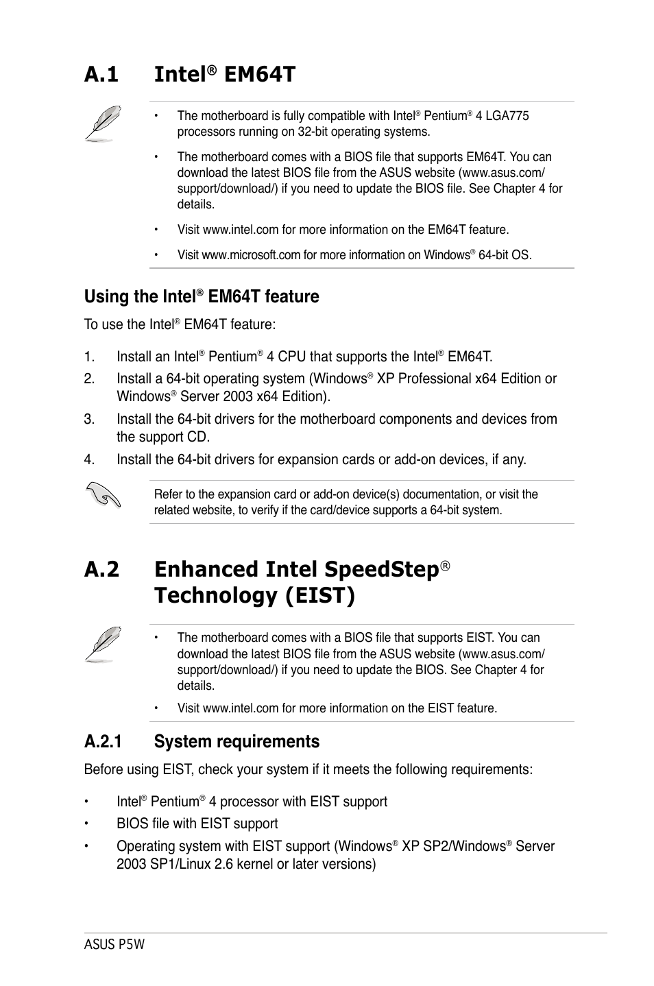 A.1 intel, Em64t, A.2 enhanced intel speedstep | Technology (eist), Using the intel, Em64t feature, A.2.1 system requirements | Asus P5W User Manual | Page 207 / 210