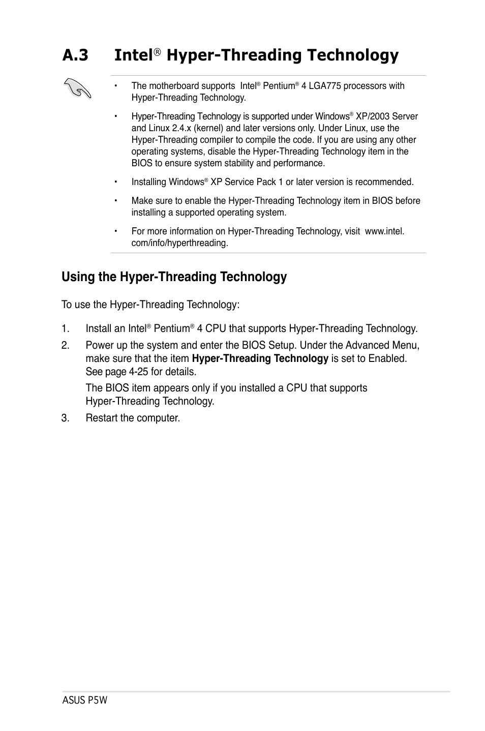 A.3 intel, Hyper-threading technology, Using the hyper-threading technology | Asus P5W User Manual | Page 209 / 210