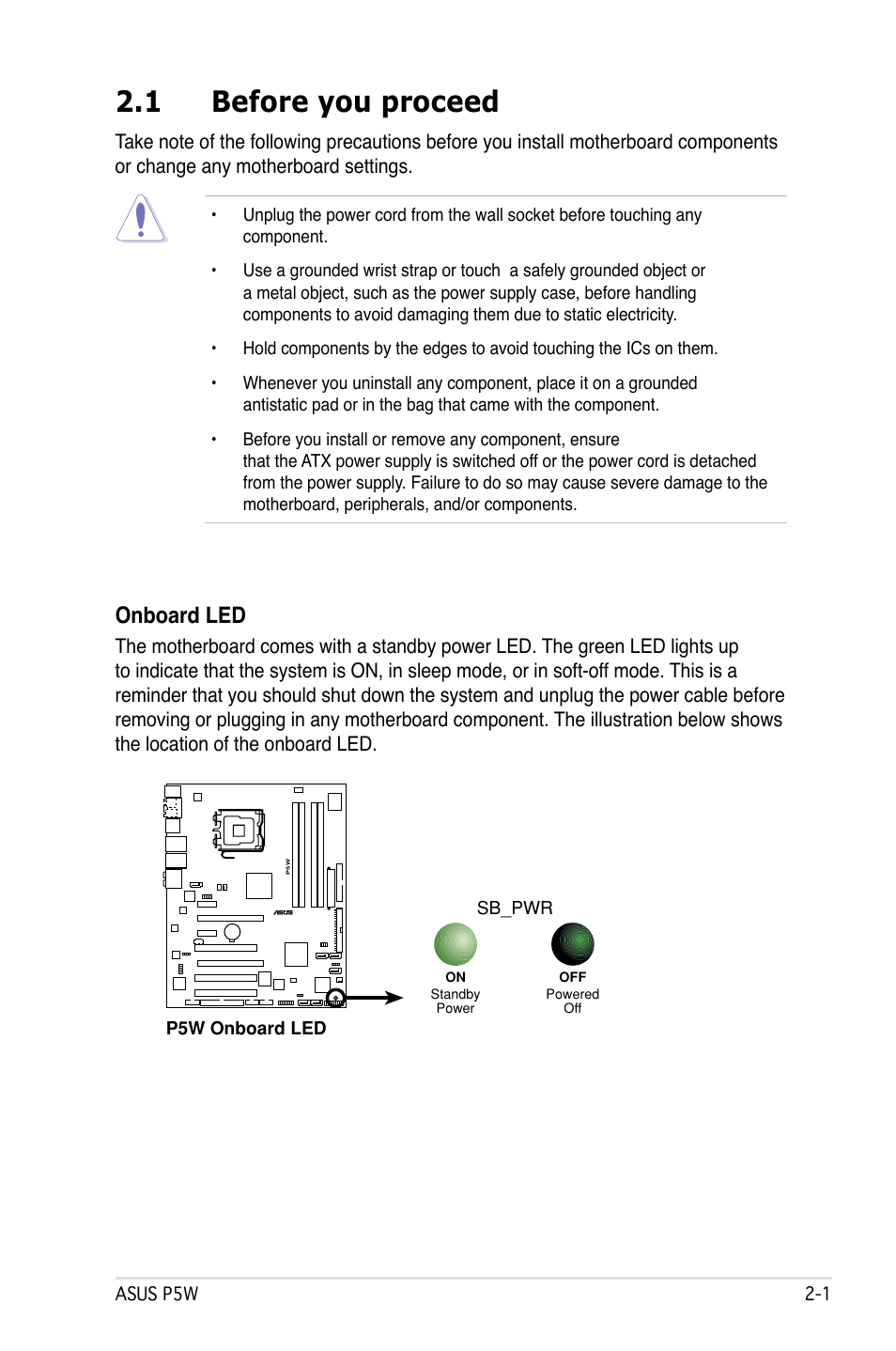 1 before you proceed, Onboard led | Asus P5W User Manual | Page 27 / 210