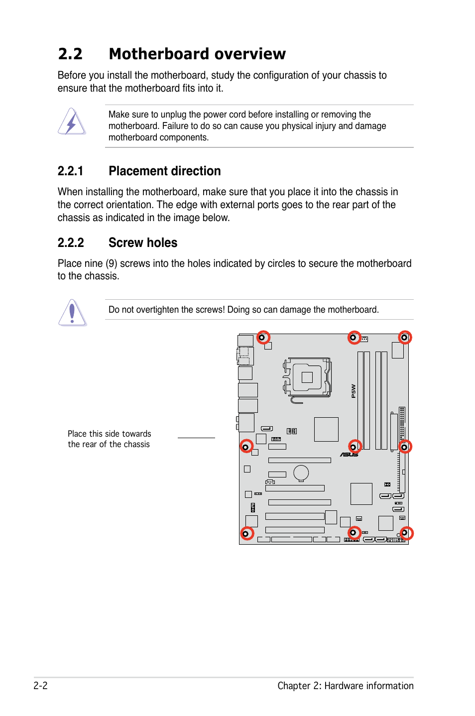 2 motherboard overview, 1 placement direction, 2 screw holes | Asus P5W User Manual | Page 28 / 210