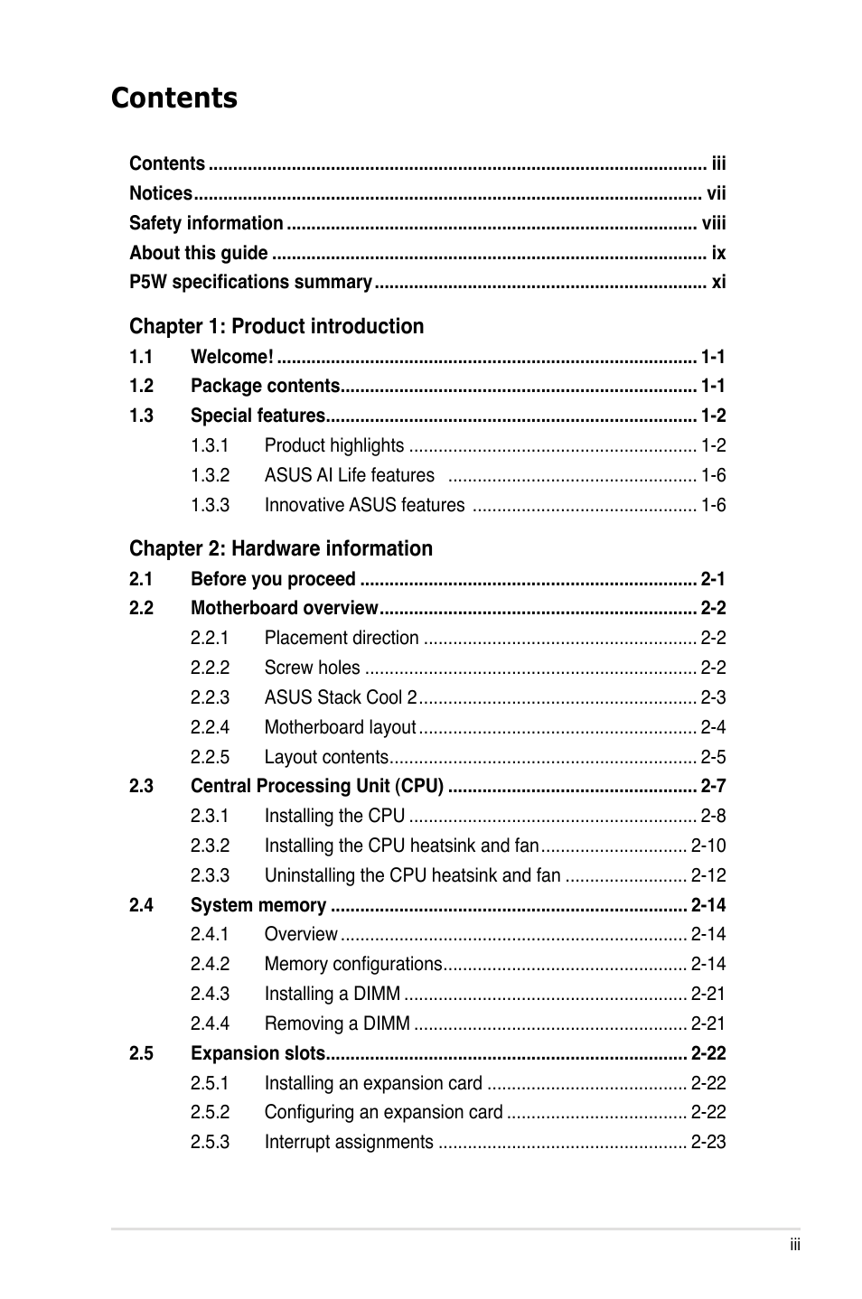 Asus P5W User Manual | Page 3 / 210