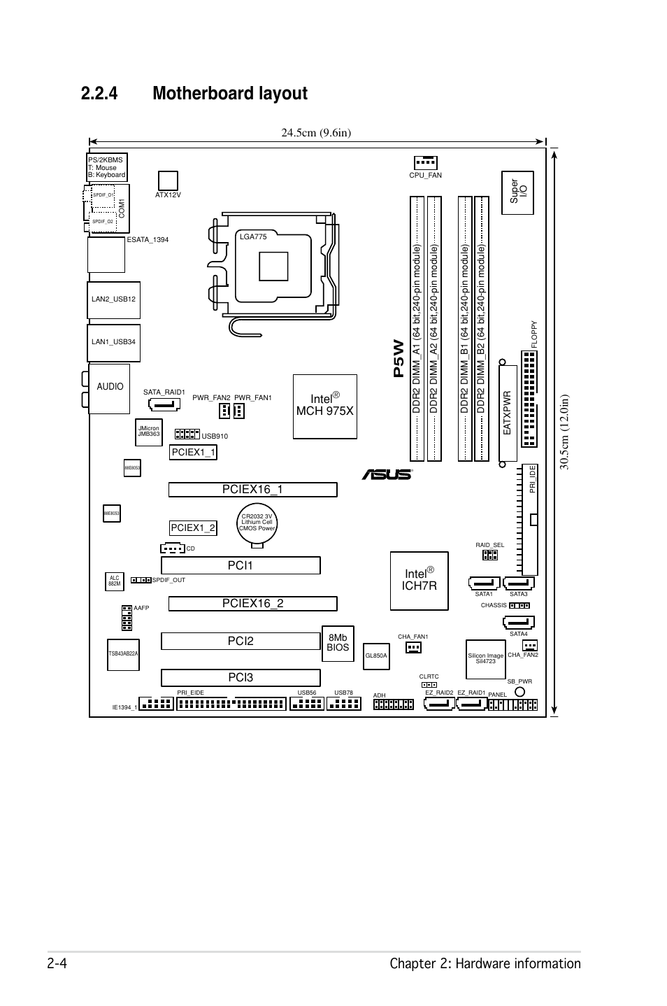 4 motherboard layout,  chapter 2: hardware information, Pciex16_2 | Intel, Ich7r, Mch 975x pci1 | Asus P5W User Manual | Page 30 / 210