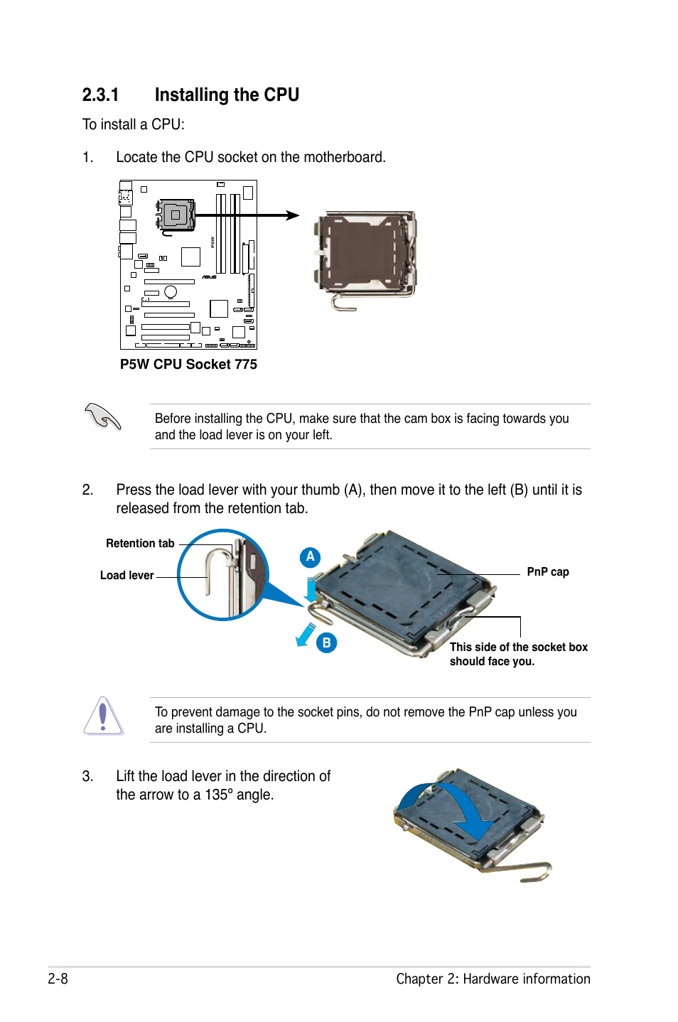 1 installing the cpu | Asus P5W User Manual | Page 34 / 210