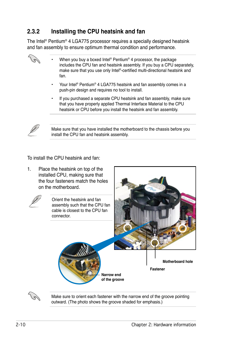 2 installing the cpu heatsink and fan | Asus P5W User Manual | Page 36 / 210