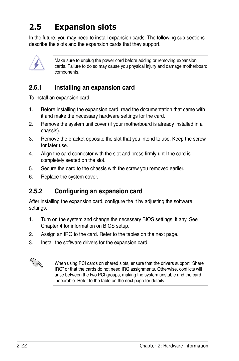 5 expansion slots, 1 installing an expansion card, 2 configuring an expansion card | Asus P5W User Manual | Page 48 / 210