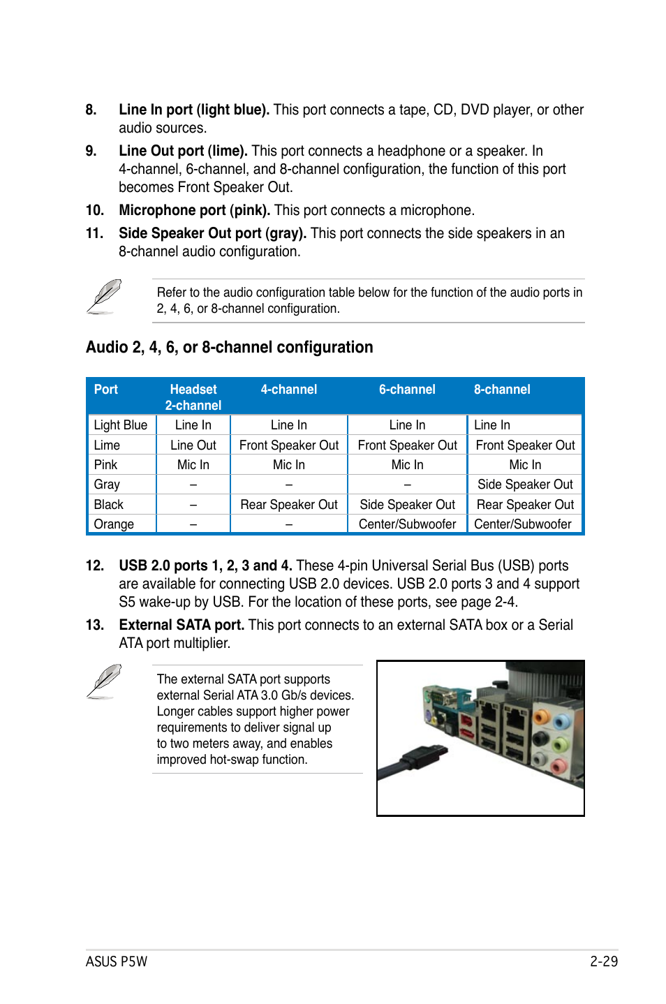 Audio 2, 4, 6, or 8-channel configuration | Asus P5W User Manual | Page 55 / 210