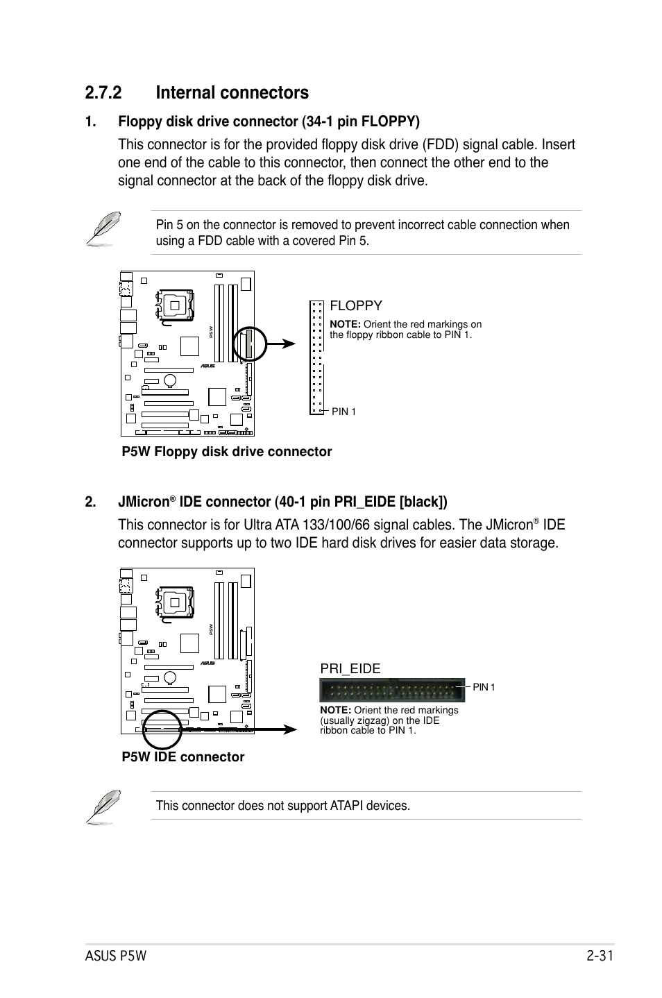 2 internal connectors, Jmicron | Asus P5W User Manual | Page 57 / 210