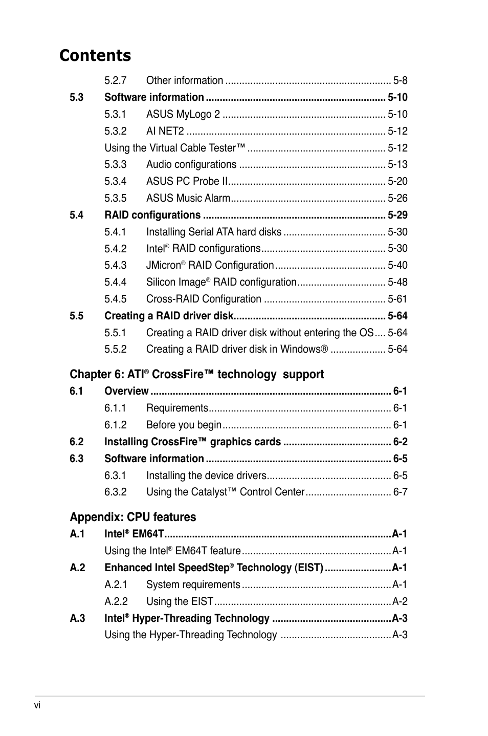 Asus P5W User Manual | Page 6 / 210