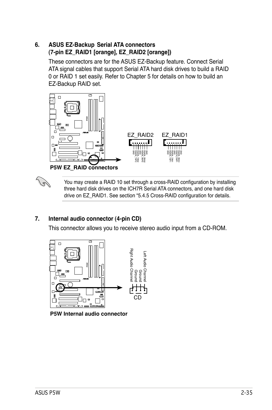 Asus ez-backup, Asus p5w 2-5, P5w ez_raid connectors ez_raid1 | P5w internal audio connector cd | Asus P5W User Manual | Page 61 / 210