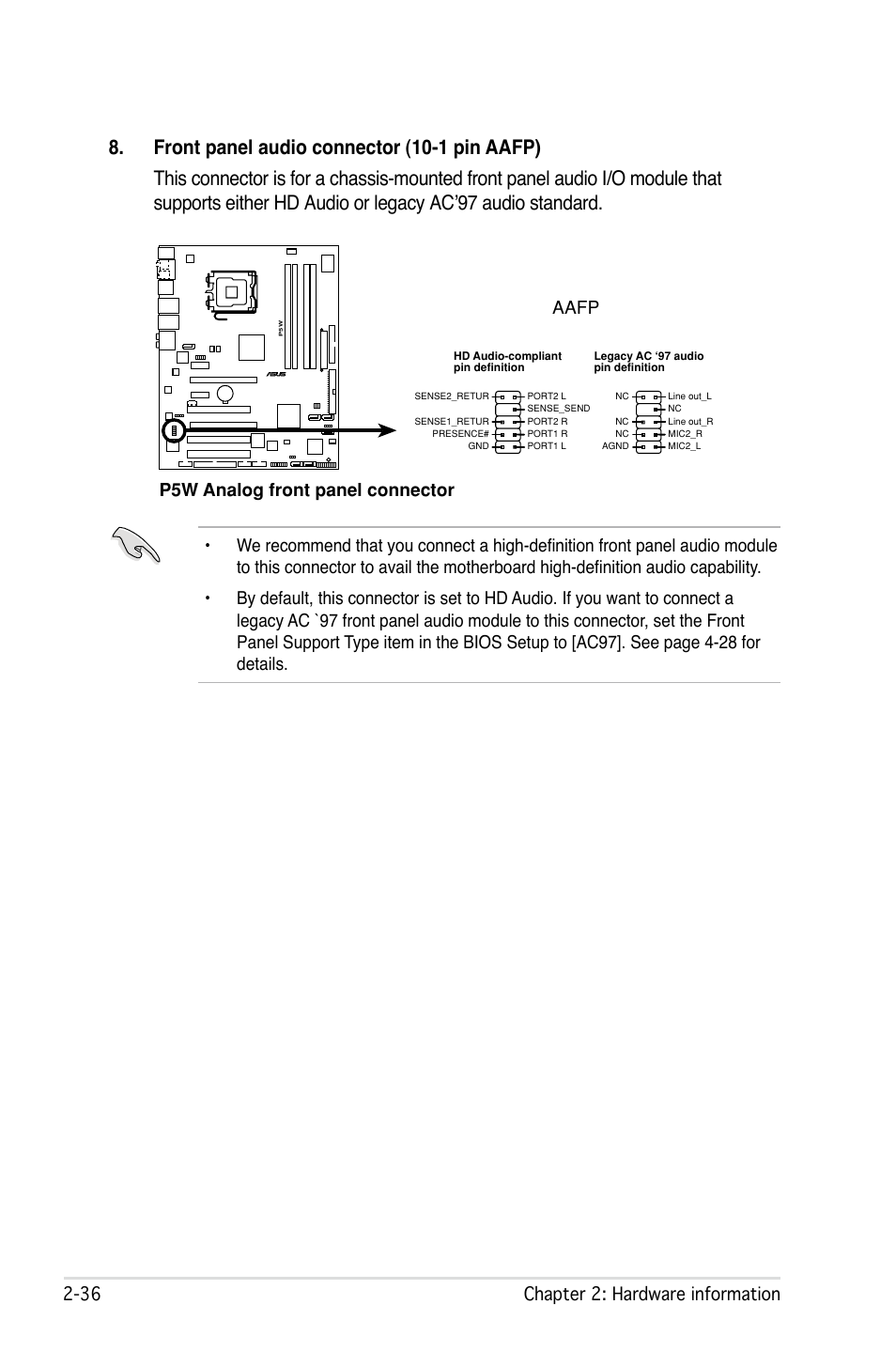  chapter 2: hardware information, P5w analog front panel connector aafp | Asus P5W User Manual | Page 62 / 210