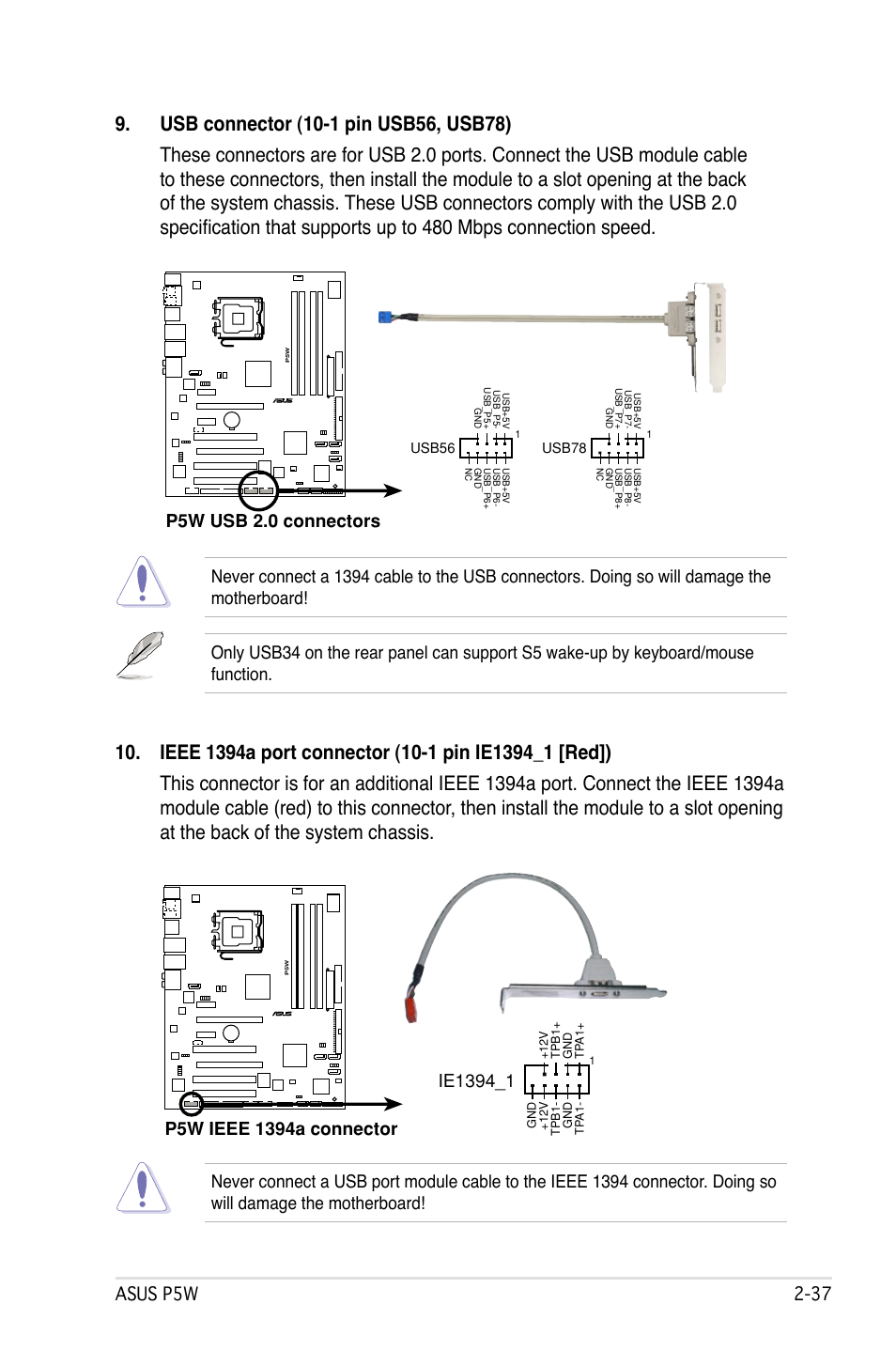 Asus p5w 2, P5w usb 2.0 connectors | Asus P5W User Manual | Page 63 / 210