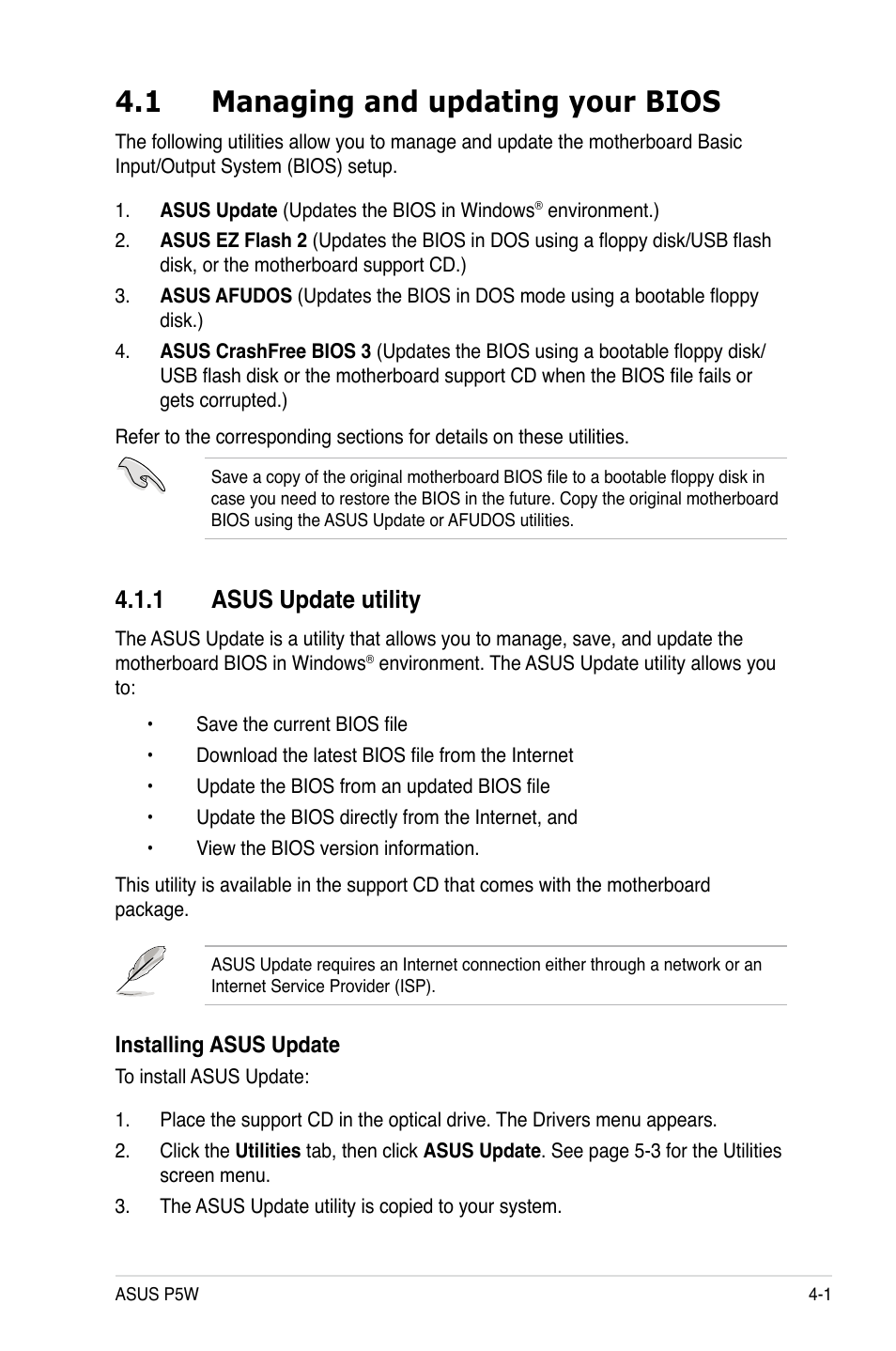 1 managing and updating your bios, 1 asus update utility | Asus P5W User Manual | Page 77 / 210