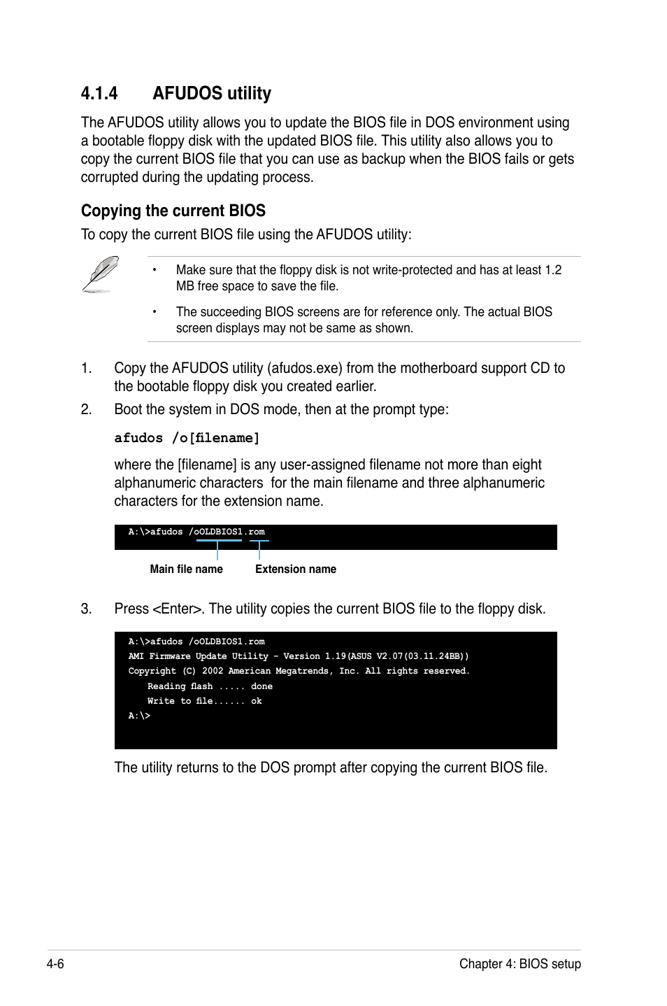 4 afudos utility, Copying the current bios | Asus P5W User Manual | Page 82 / 210