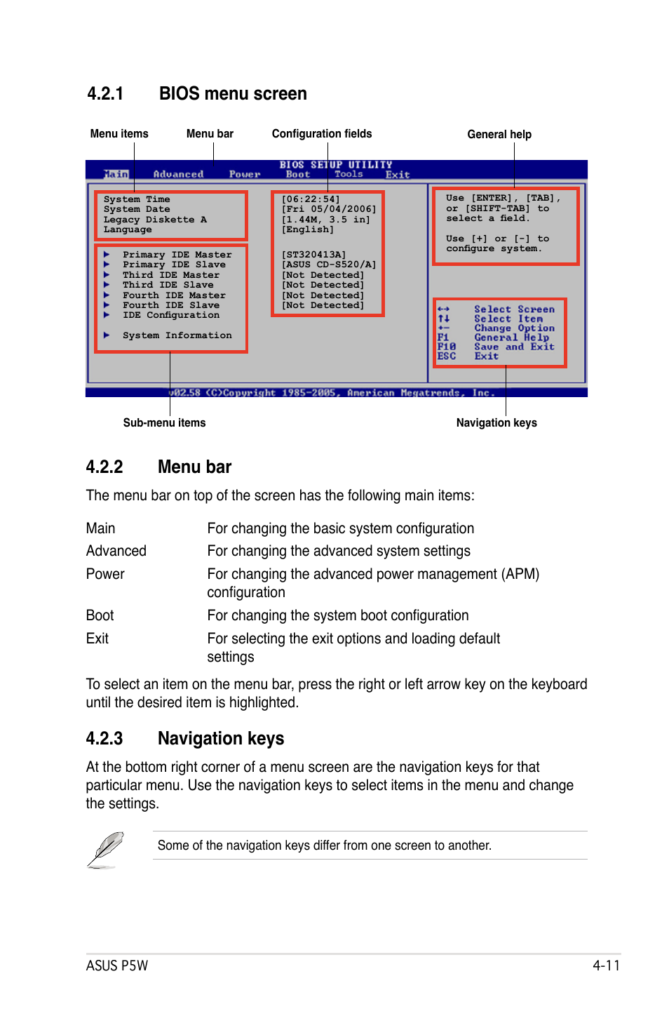 2 menu bar, 3 navigation keys, 1 bios menu screen | Asus P5W User Manual | Page 87 / 210