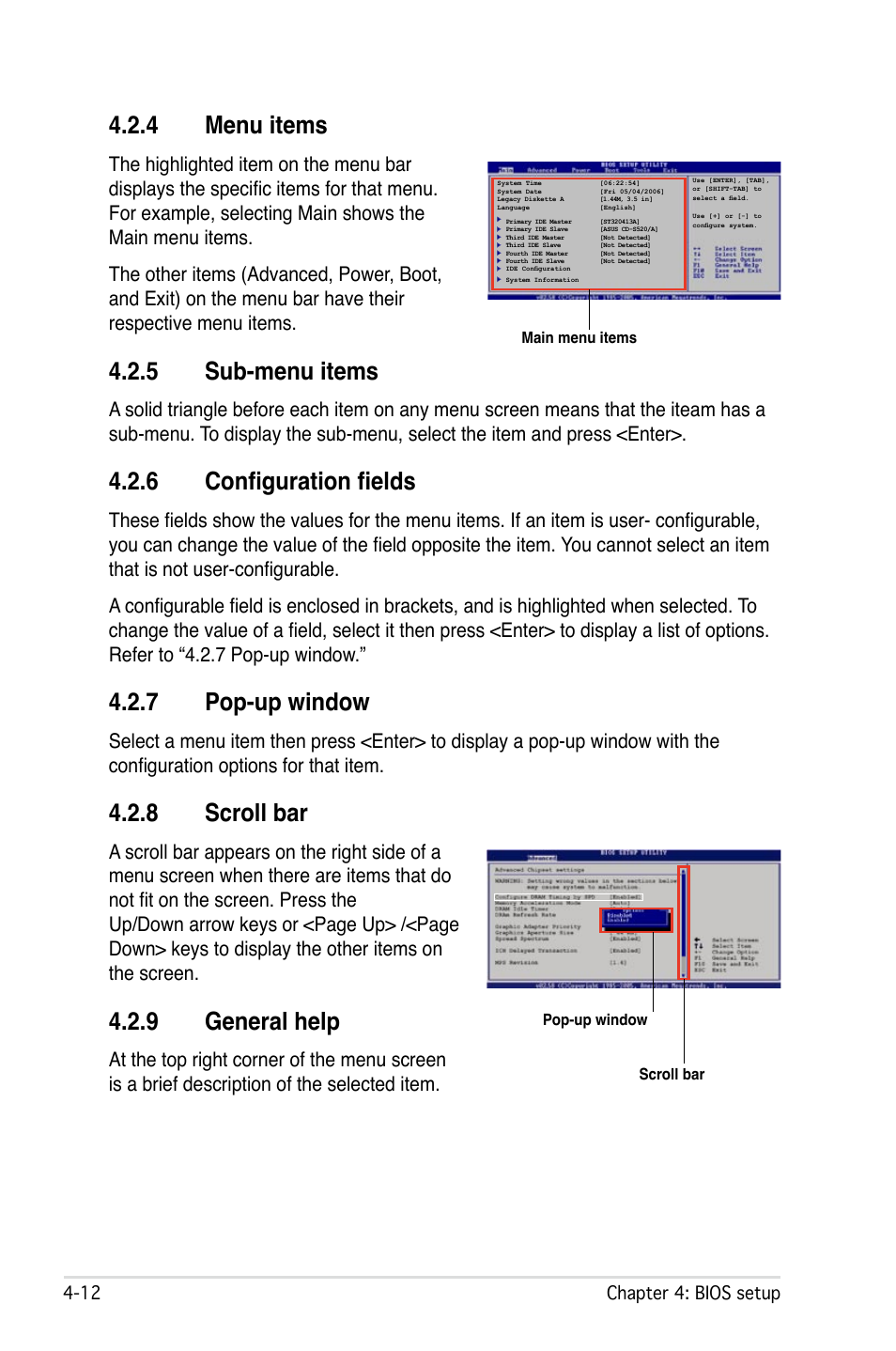 4 menu items, 5 sub-menu items, 6 configuration fields | 7 pop-up window, 8 scroll bar, 9 general help | Asus P5W User Manual | Page 88 / 210