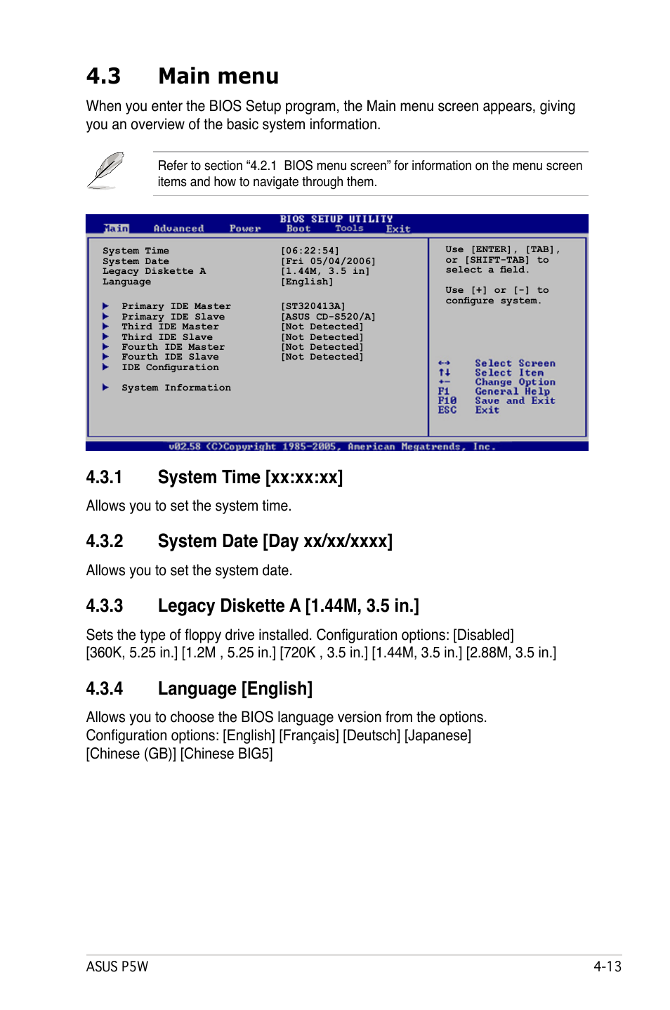 3 main menu, 1 system time [xx:xx:xx, 4 language [english | Allows you to set the system time, Allows you to set the system date | Asus P5W User Manual | Page 89 / 210