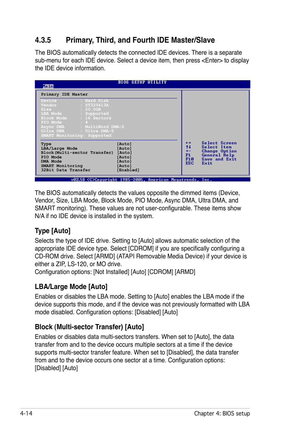 5 primary, third, and fourth ide master/slave, Type [auto, Lba/large mode [auto | Block (multi-sector transfer) [auto | Asus P5W User Manual | Page 90 / 210