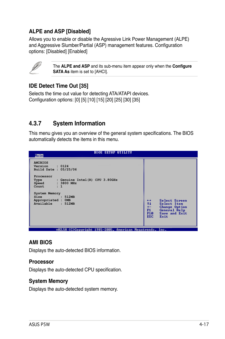 7 system information, Ami bios, Processor | Ide detect time out [35, Alpe and asp [disabled | Asus P5W User Manual | Page 93 / 210