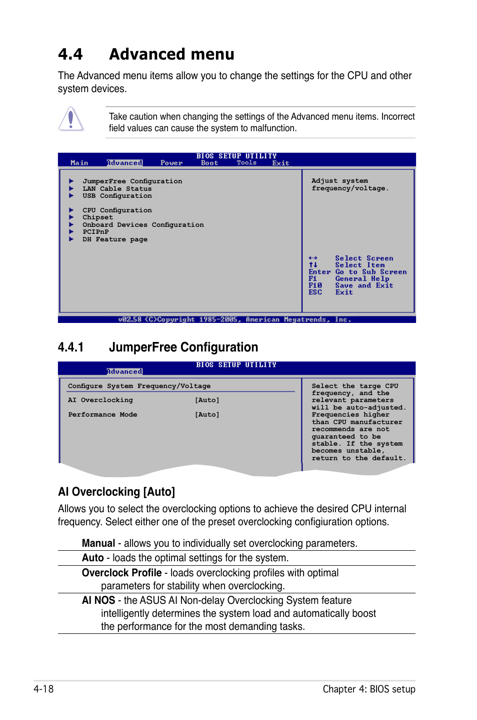 4 advanced menu, 1 jumperfree configuration, Ai overclocking [auto | Asus P5W User Manual | Page 94 / 210