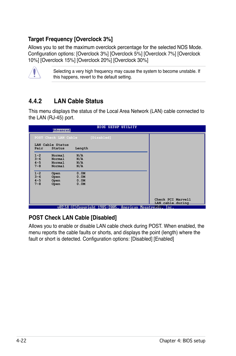 2 lan cable status, Post check lan cable [disabled, Target frequency [overclock 3 | Asus P5W User Manual | Page 98 / 210