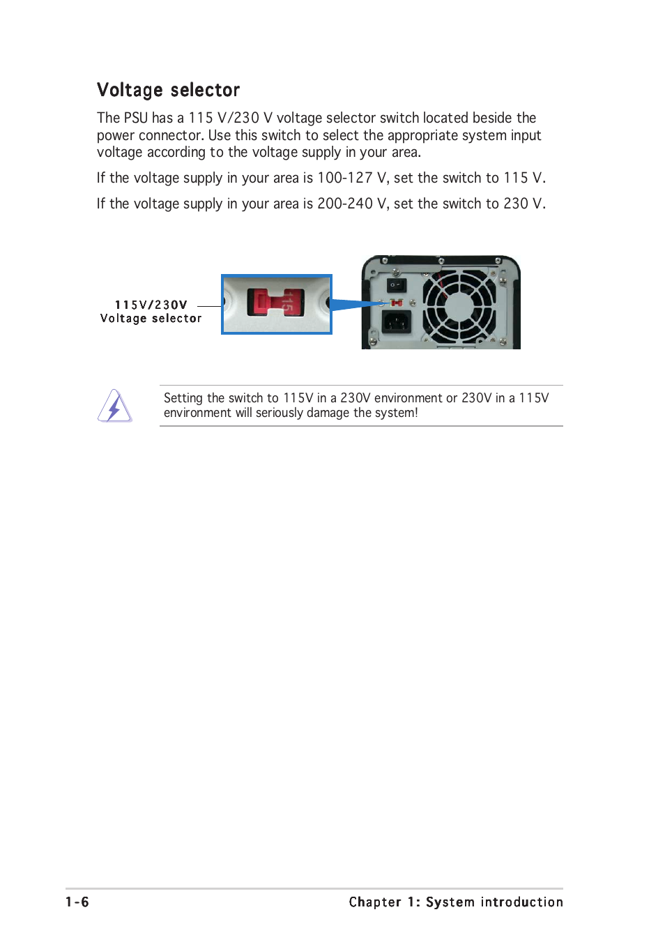 Voltage selector | Asus Vintage PE1 User Manual | Page 16 / 84