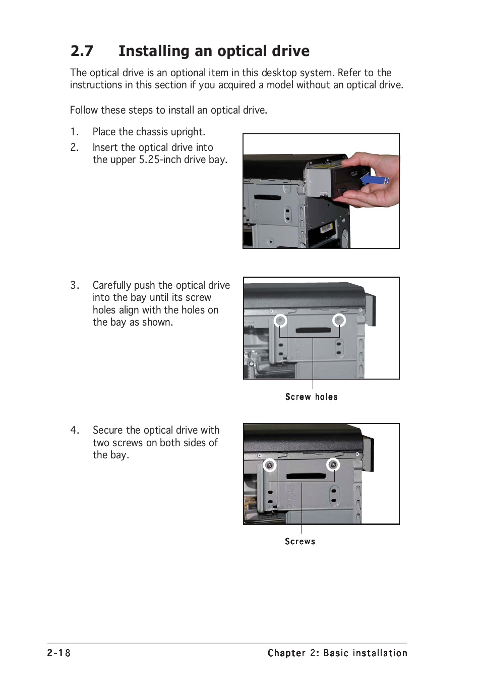 7 installing an optical drive | Asus Vintage PE1 User Manual | Page 22 / 84