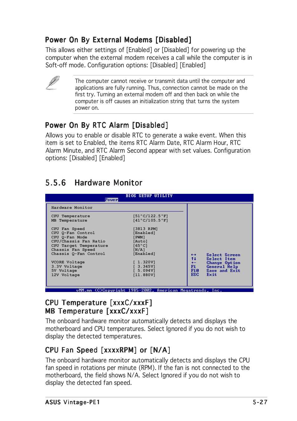 Power on by external modems [disabled, Power on by rtc alarm [disabled, Cpu temperature [xxxc/xxxf | Asus Vintage PE1 User Manual | Page 77 / 84