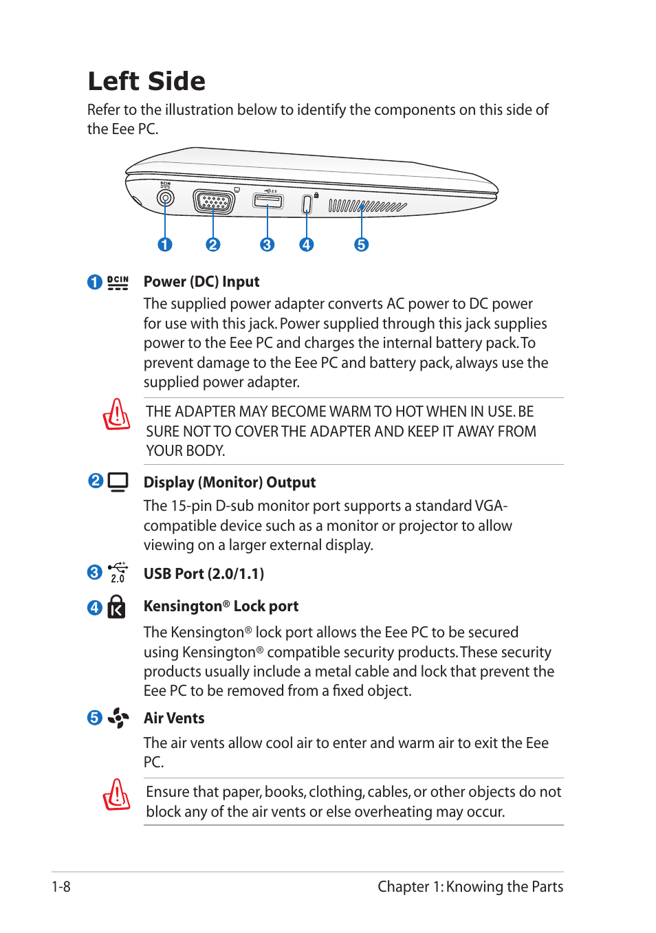 Left side, Left side -8 | Asus Eee PC 1101HA User Manual | Page 16 / 58