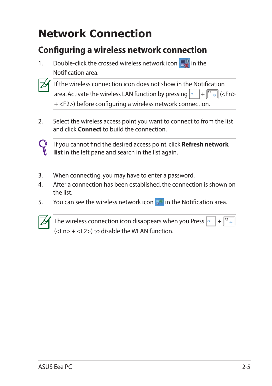 Network connection, Configuring a wireless network connection, Network connection -5 | Configuring a wireless network connection -5 | Asus Eee PC 1101HA User Manual | Page 25 / 58