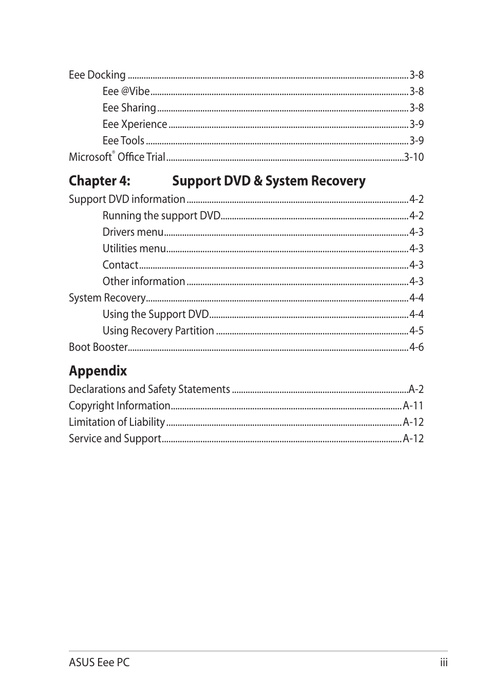 Chapter 4: support dvd & system recovery, Appendix | Asus Eee PC 1101HA User Manual | Page 3 / 58