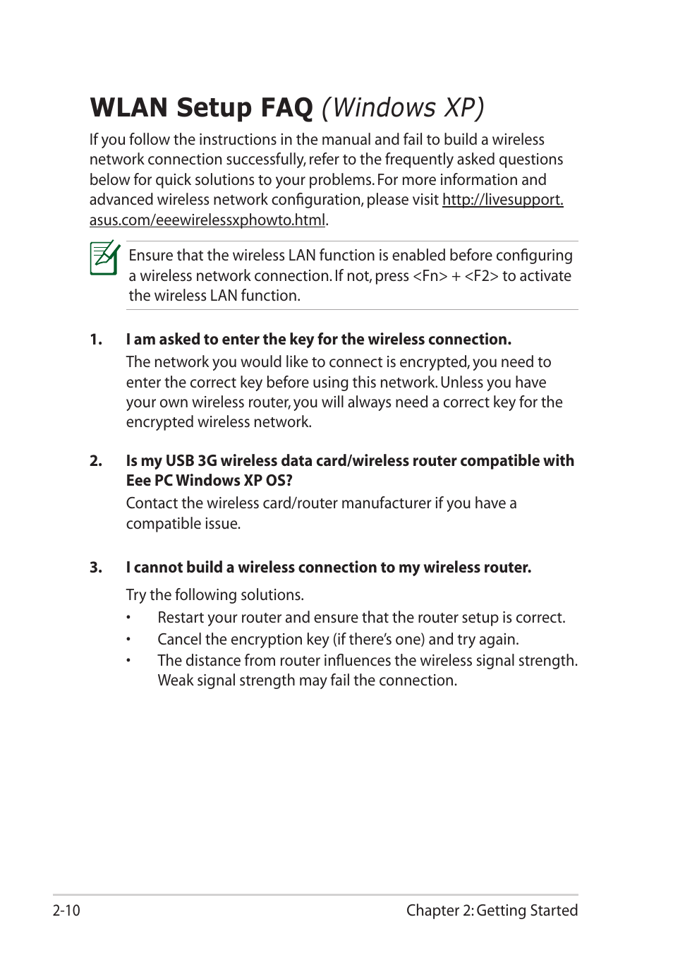 Wlan setup faq (windows xp), Wlan setup faq, Windows xp) | Asus Eee PC 1101HA User Manual | Page 30 / 58