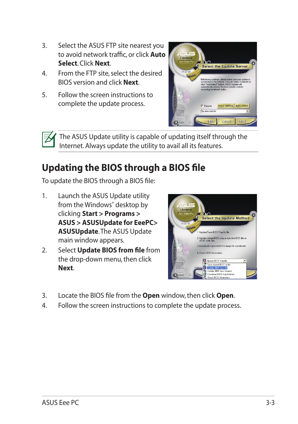 Updating the bios through a bios file, Updating the bios through a bios file -3 | Asus Eee PC 1101HA User Manual | Page 33 / 58