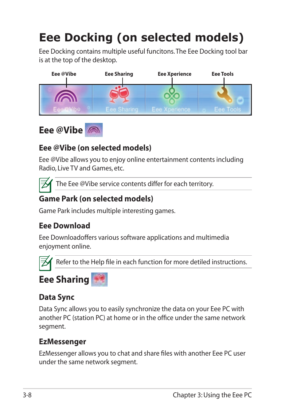 Eee docking, Eee @vibe, Eee sharing | Eee docking -8, Eee @vibe -8 eee sharing -8, Eee docking (on selected models) | Asus Eee PC 1101HA User Manual | Page 38 / 58