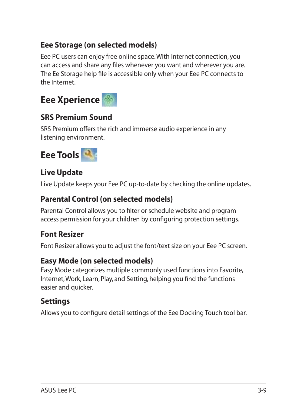 Eee xperience, Eee tools, Eee xperience -9 eee tools -9 | Asus Eee PC 1101HA User Manual | Page 39 / 58