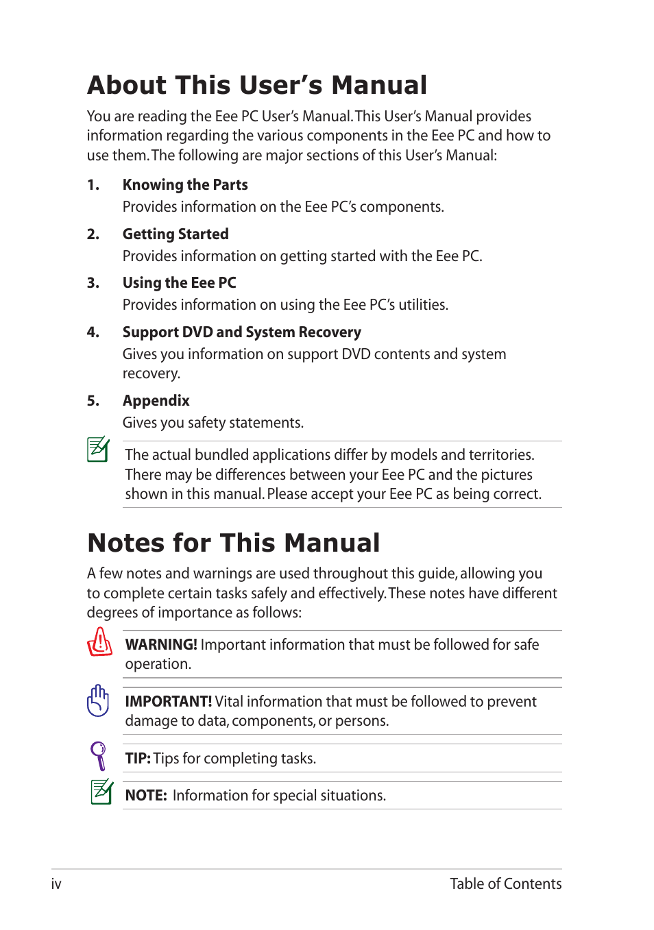 About this user’s manual, Notes for this manual | Asus Eee PC 1101HA User Manual | Page 4 / 58