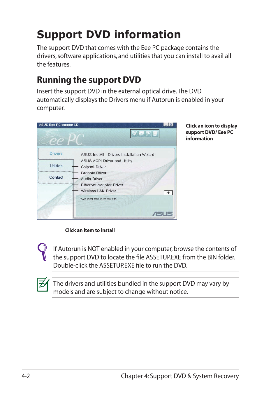 Support dvd information, Running the support dvd, Support dvd information -2 | Running the support dvd -2 | Asus Eee PC 1101HA User Manual | Page 42 / 58