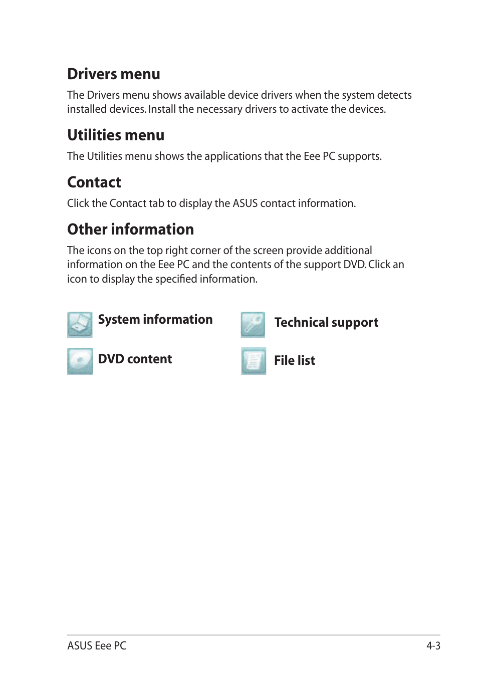 Drivers menu, Utilities menu, Contact | Other information | Asus Eee PC 1101HA User Manual | Page 43 / 58