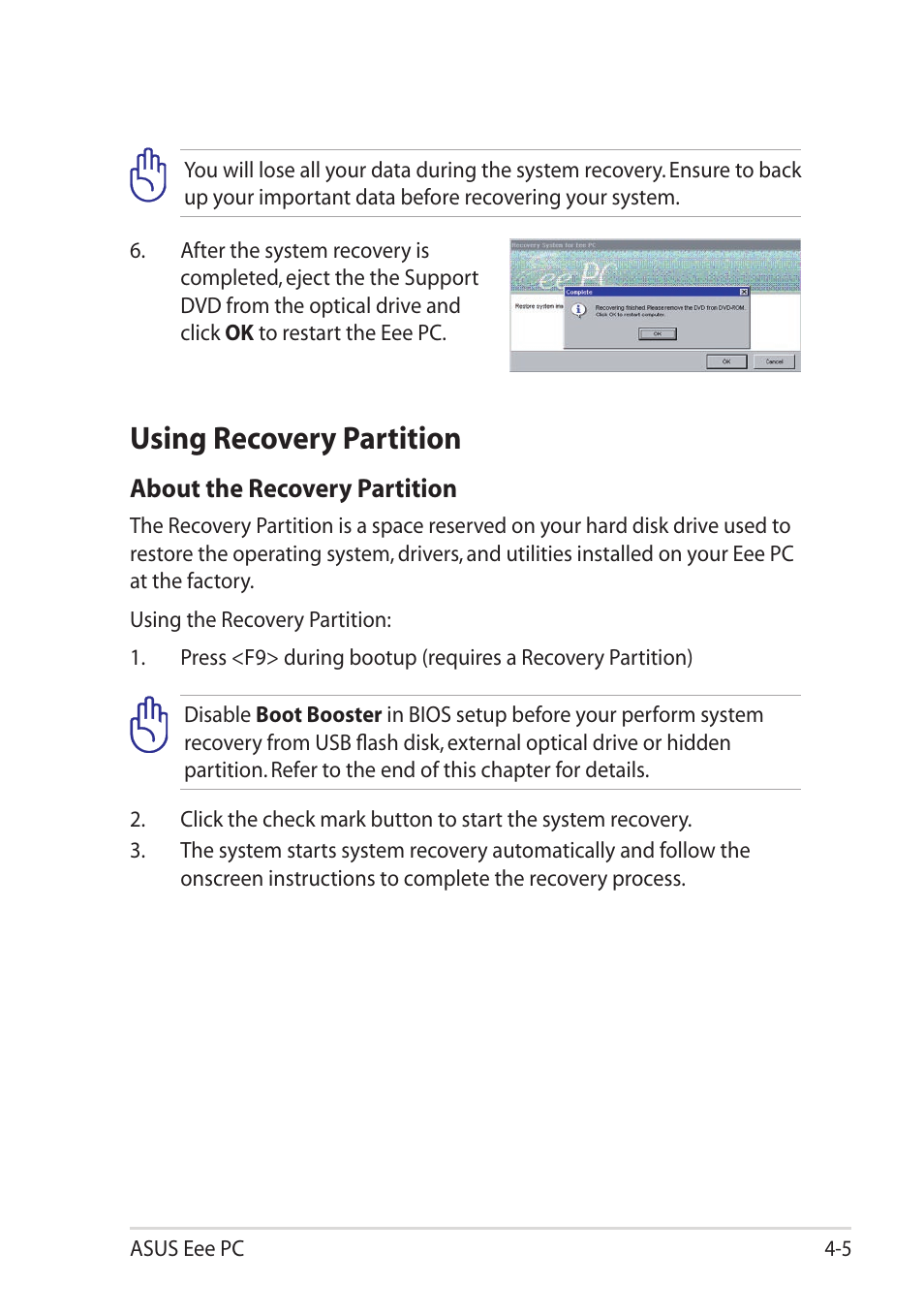 Using recovery partition, Using recovery partition -5 | Asus Eee PC 1101HA User Manual | Page 45 / 58