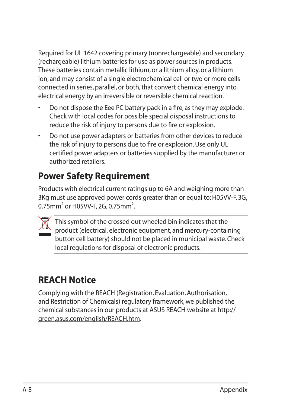 Power safety requirement, Reach notice | Asus Eee PC 1101HA User Manual | Page 54 / 58