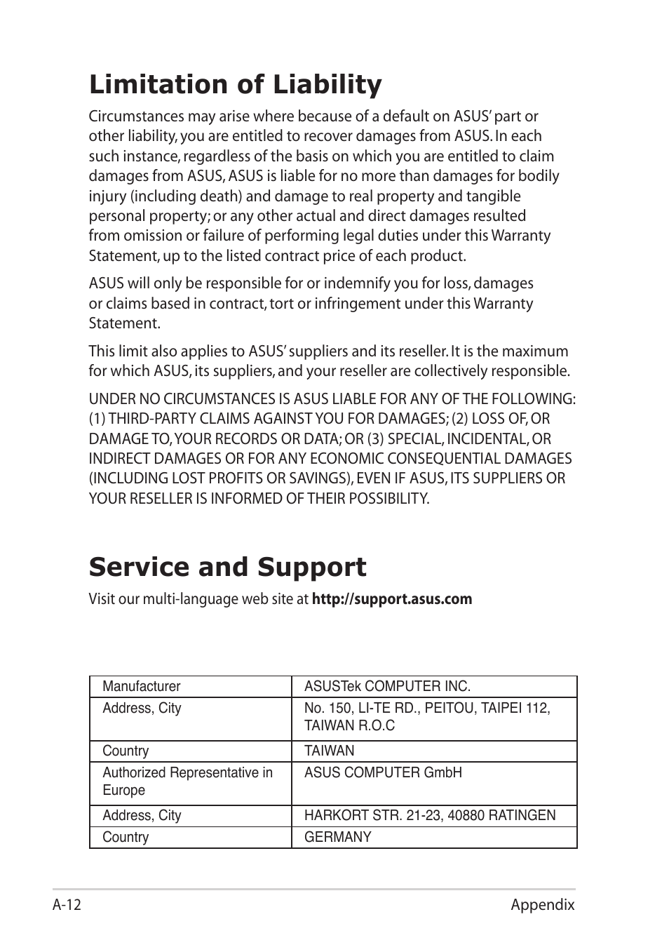 Limitation of liability, Service and support | Asus Eee PC 1101HA User Manual | Page 58 / 58