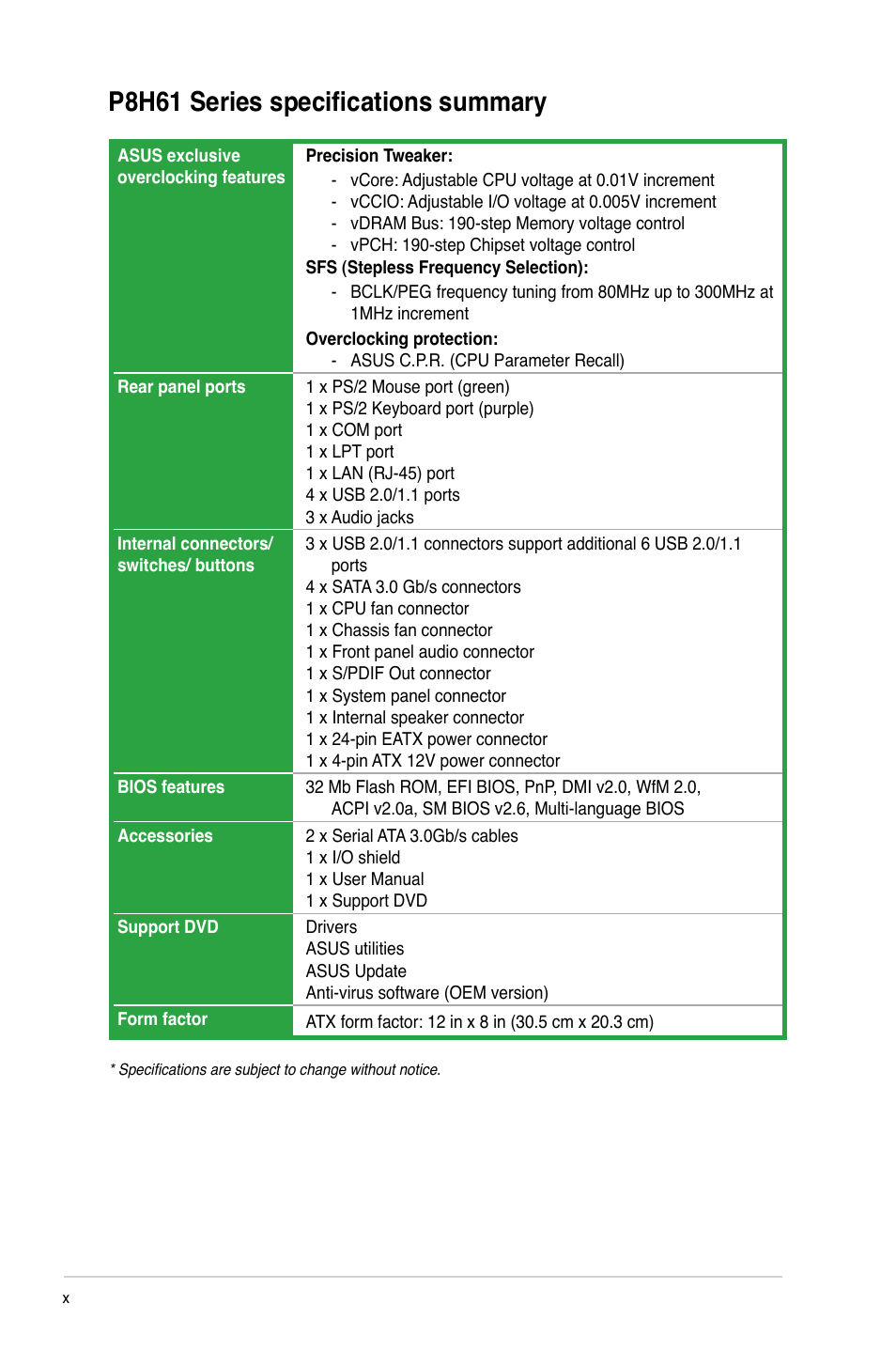 P8h61 series specifications summary | Asus P8H61/USB3 R2.0 User Manual | Page 10 / 70