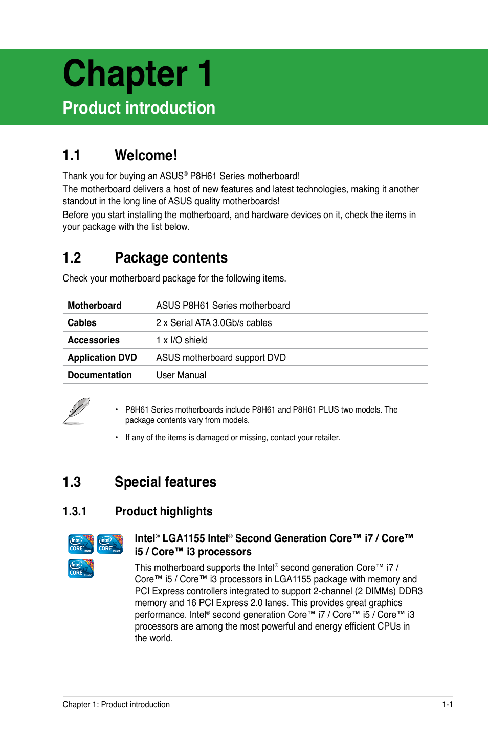 Chapter 1, Product introduction, 1 welcome | 2 package contents, 3 special features, 1 product highlights, Welcome! -1, Package contents -1, Special features -1 1.3.1, Product highlights -1 | Asus P8H61/USB3 R2.0 User Manual | Page 11 / 70