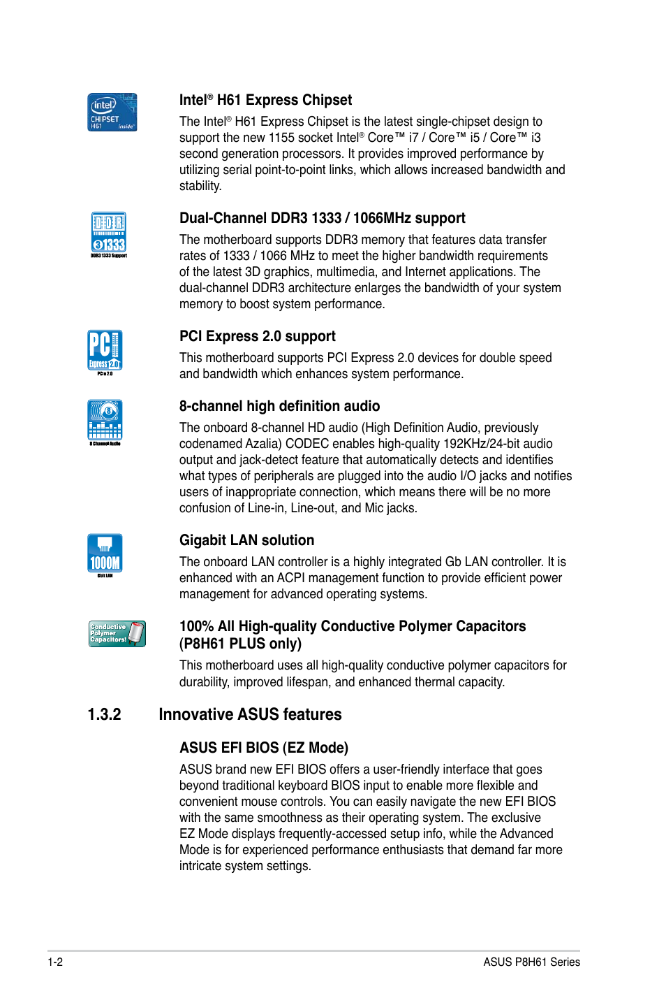 2 innovative asus features, Innovative asus features -2 | Asus P8H61/USB3 R2.0 User Manual | Page 12 / 70