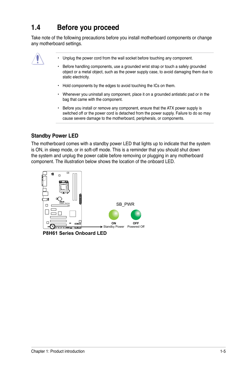 4 before you proceed, Before you proceed -5, Standby power led | Asus P8H61/USB3 R2.0 User Manual | Page 15 / 70